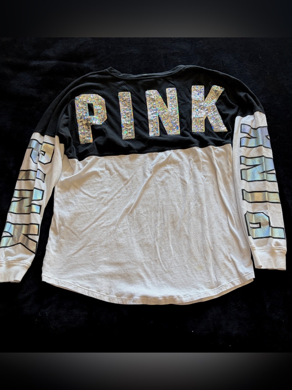PINK Victoria's Secret Black & White Long Sleeve Top with Sequins and Bling